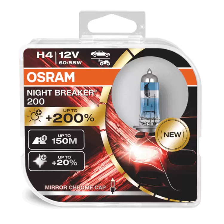 Osram 9003 H4 Night Breaker 200 Halogen Headlight Bulbs, 64193NB200, Pack  of 2