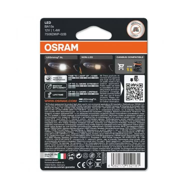 OSRAM LEDriving SL LED P21W 6000K Cool White, Twin Car Bulbs